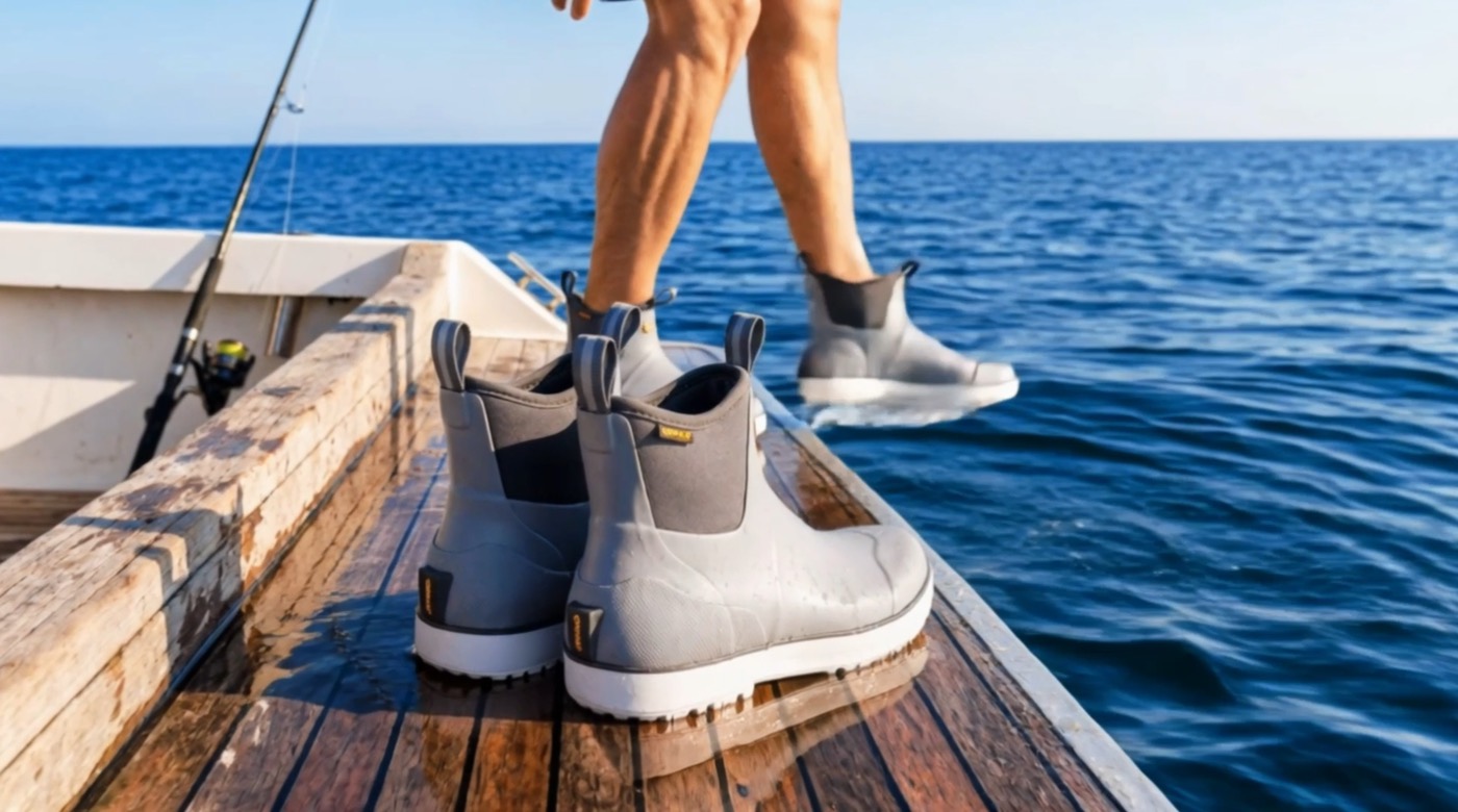 Grey deck boots stepping off a boat