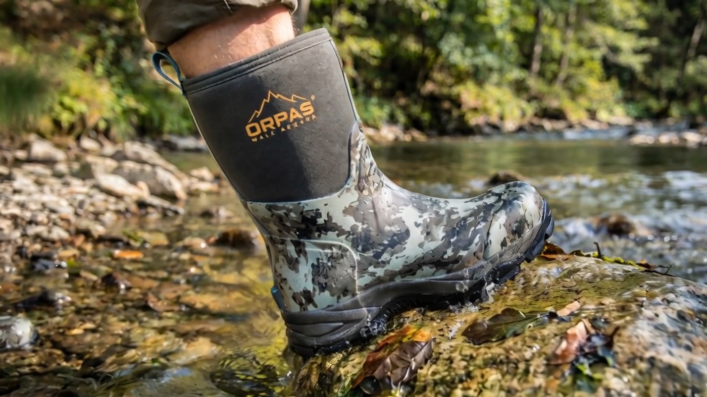 Close-up of the Taiga Mid boot on a rock in a stream