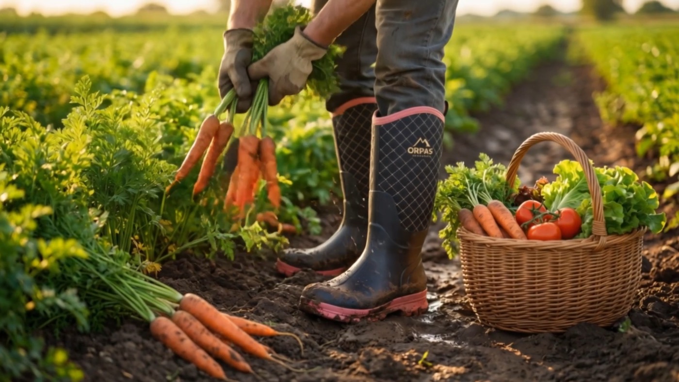 Quilted tall boots in a vegetable field