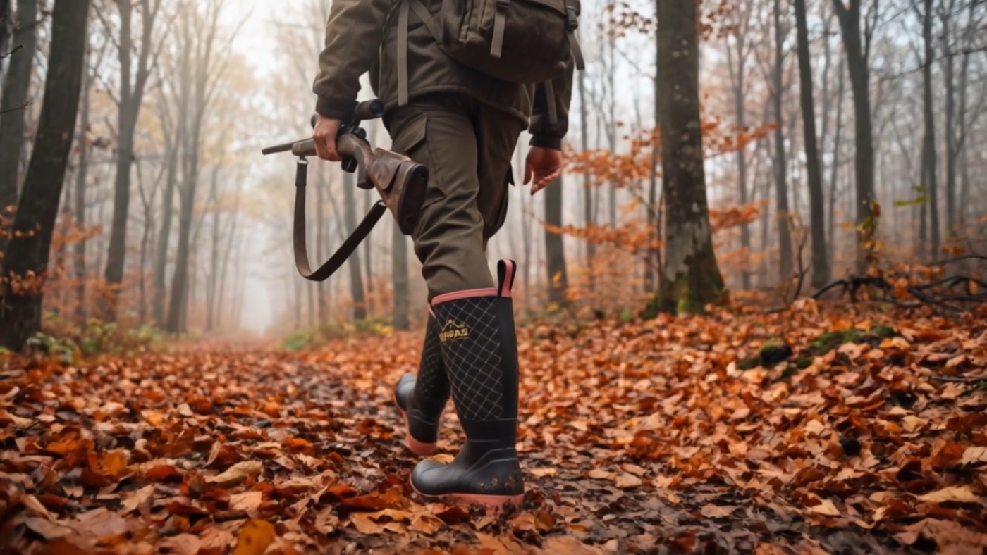 Walking through autumn leaves in tall boots
