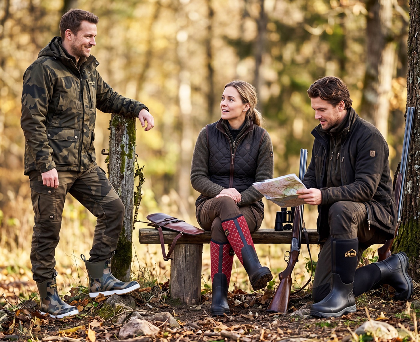 Three hunters resting in an autumn forest wearing ORPAS boots