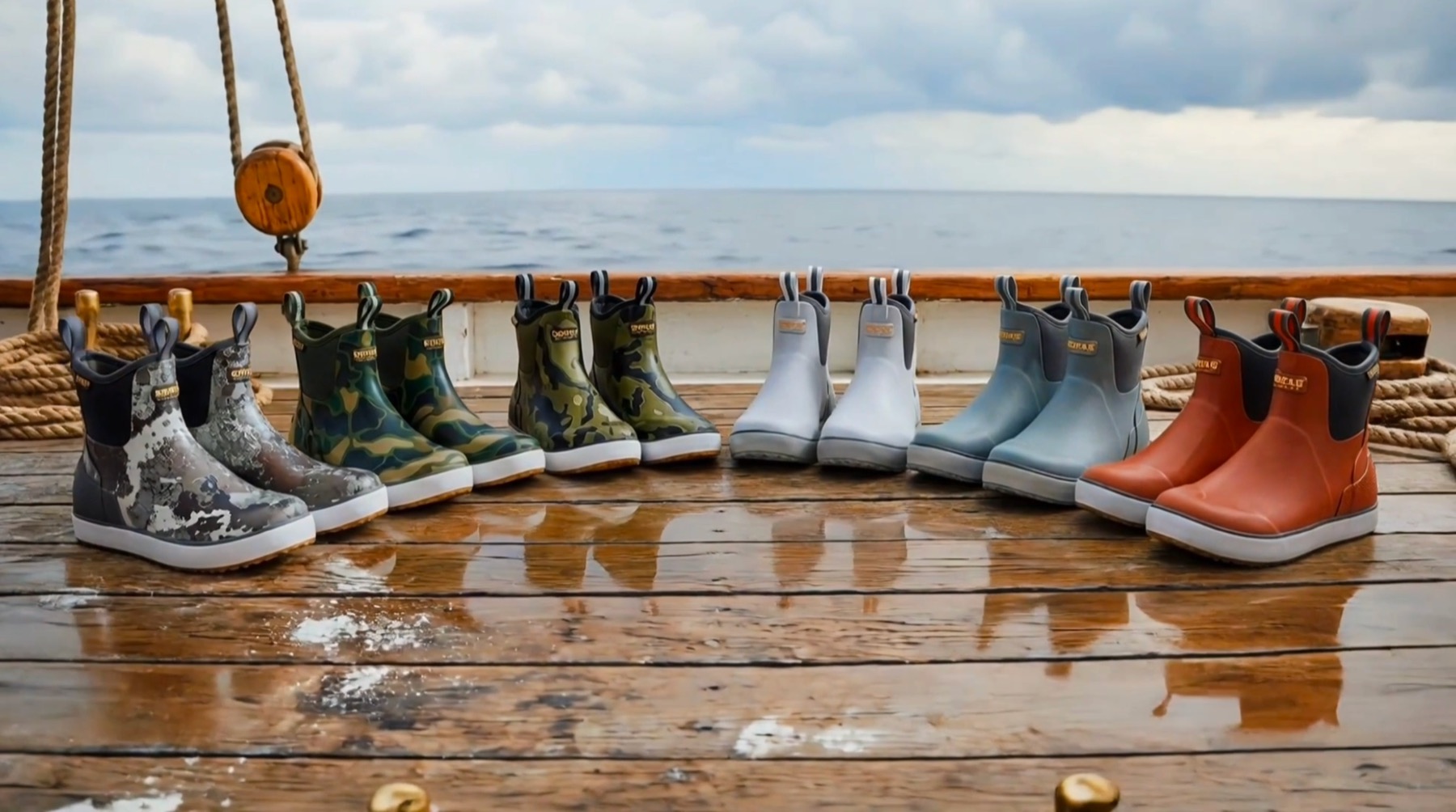 Six colourways of the Barents Deck boot lined up on a wet ship deck