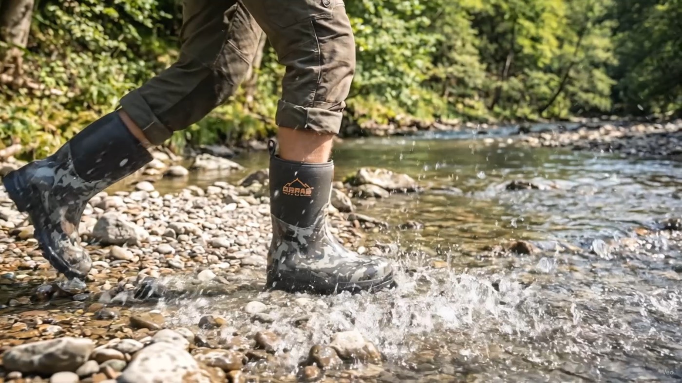 Hunter crossing a shallow stream in camo boots